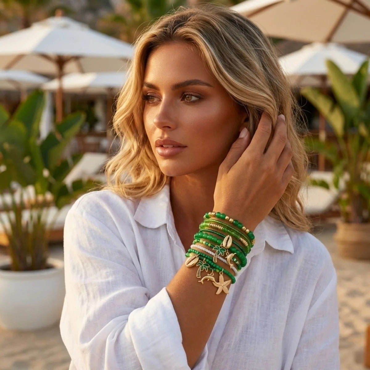Multilayer Starfish Dolphin Shell Coconut Tree Bracelets For Women Men Imitation Pearl Flower Fish Tail Stackable Bangle Jewelry