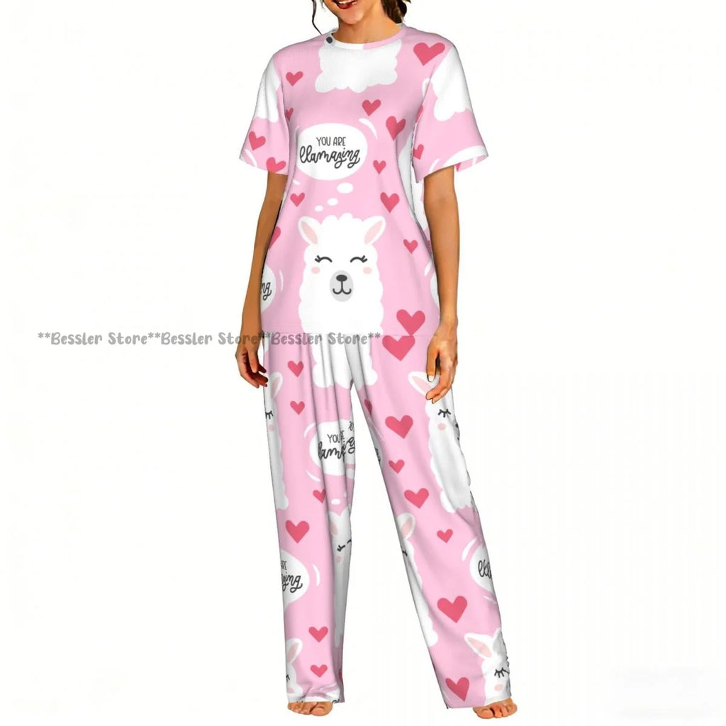 Women's 2-piece set You Are Llamazing Llama Pattern With Hearts Pajamas Short sleeved Top and Pants Sleepwear