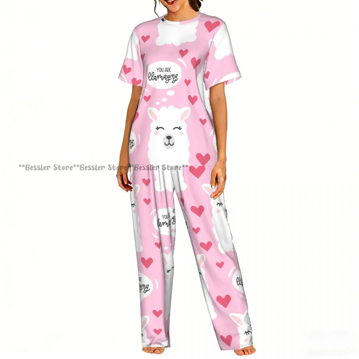Women's 2-piece set You Are Llamazing Llama Pattern With Hearts Pajamas Short sleeved Top and Pants Sleepwear