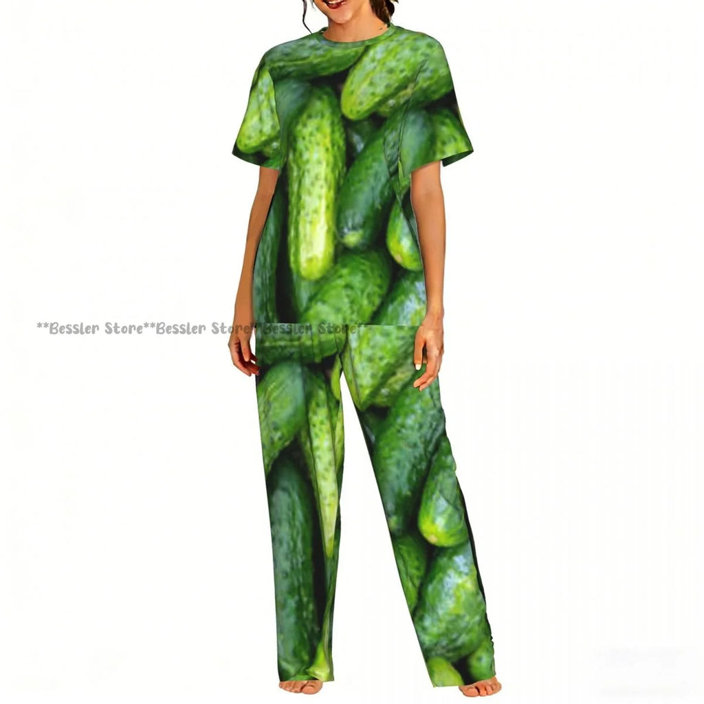 Women Pajama Sets Lounge Sleepwear Cucumbers Cut Print Short Sleeve Nightwear
