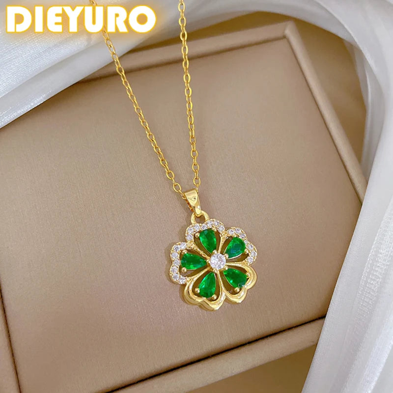 DIEYURO 316L Stainless Steel Green Zircon Five Petal Flower Pendant Necklace For Women New Fashion Collarbone Chain Jewelry Gift