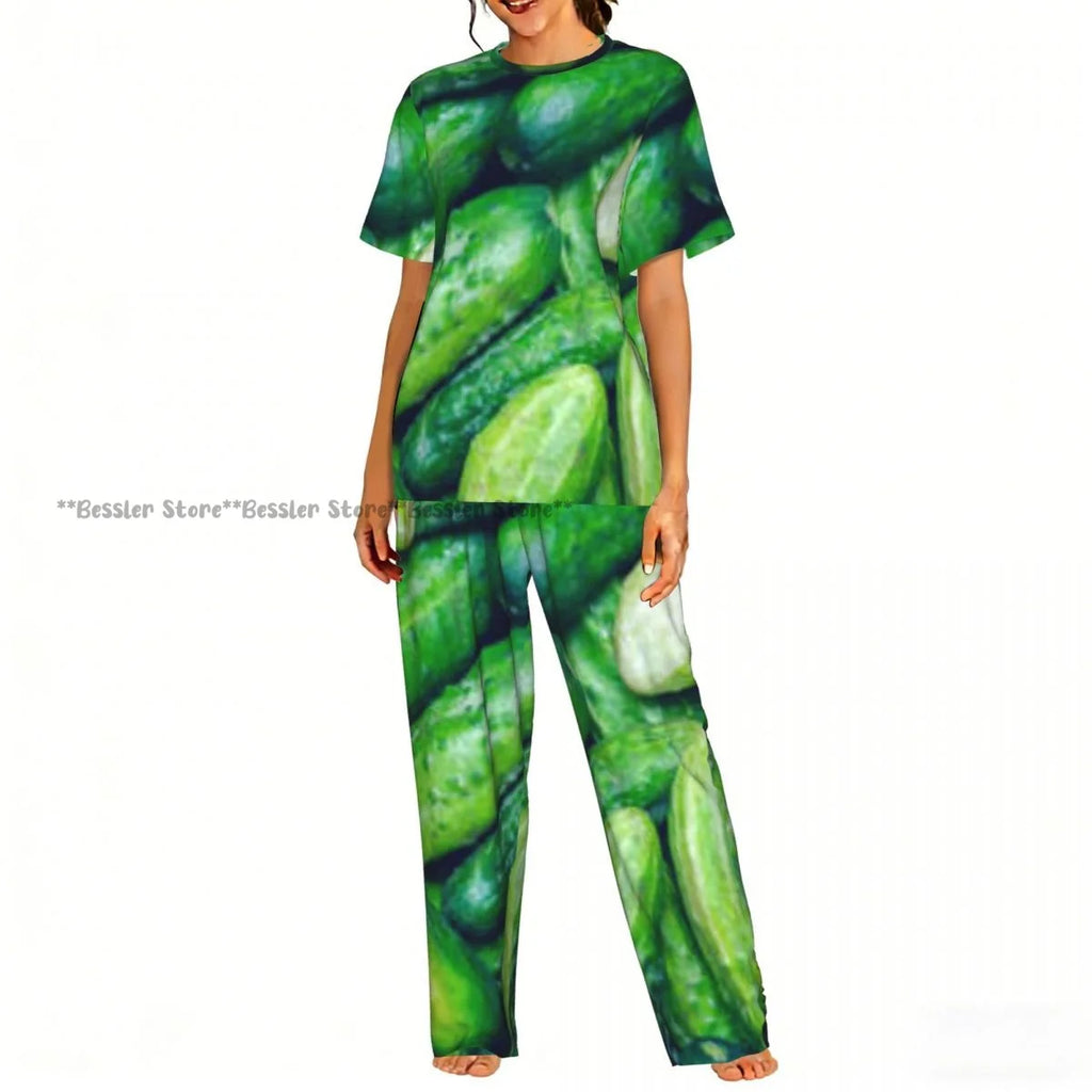 Women Pajama Sets Lounge Sleepwear Cucumbers Cut Print Short Sleeve Nightwear