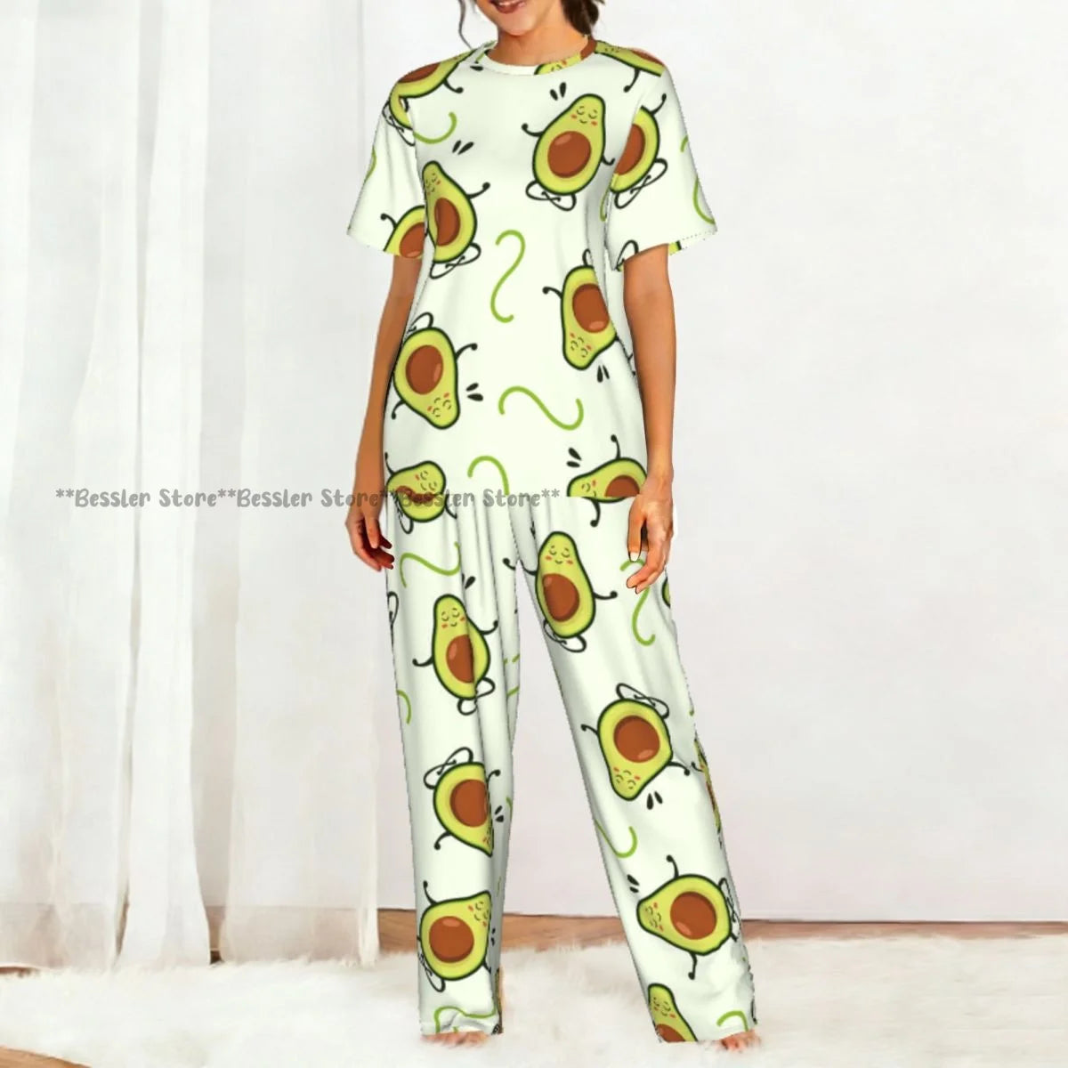 Women Pajama Sets Lounge Sleepwear Avocado Character Short Sleeve Nightwear