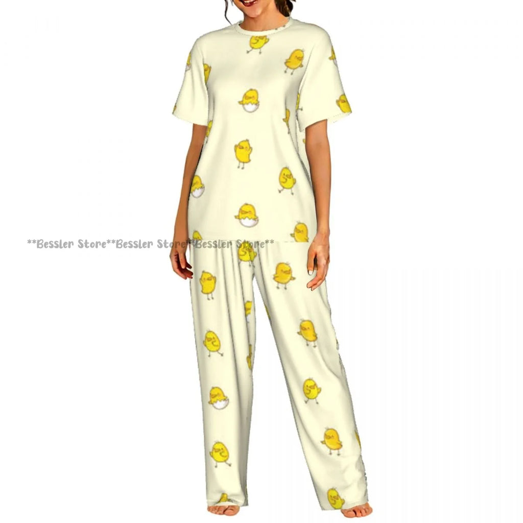 Women Pajama Sets Lounge Sleepwear Crispy Fried Chicken Pattern Short Sleeve Nightwear