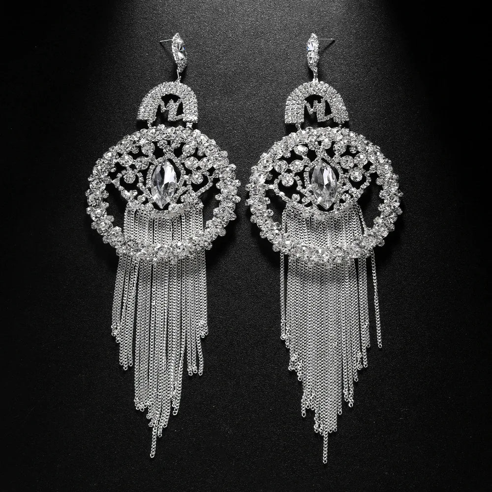 Stonefans Exaggerated AB Color Tassel Earrings 2024 Charm Accessories Stunning Piercing Fashion Fringes Earring Decorated Dance