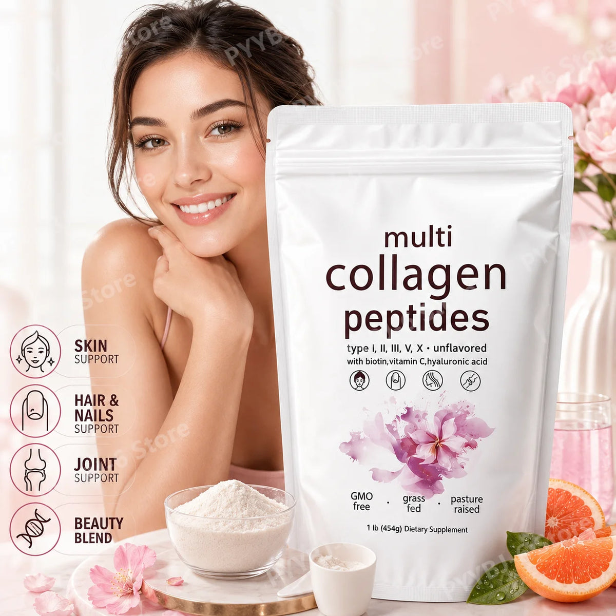 Multi Collagen Peptides Powder 454g Unflavored Collagen Blend with Vitamin C Biotin Hyaluronic Acid Skin Hair Nails Support