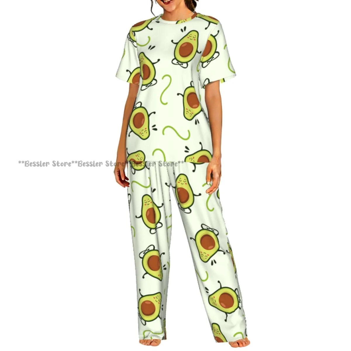 Women Pajama Sets Lounge Sleepwear Avocado Character Short Sleeve Nightwear