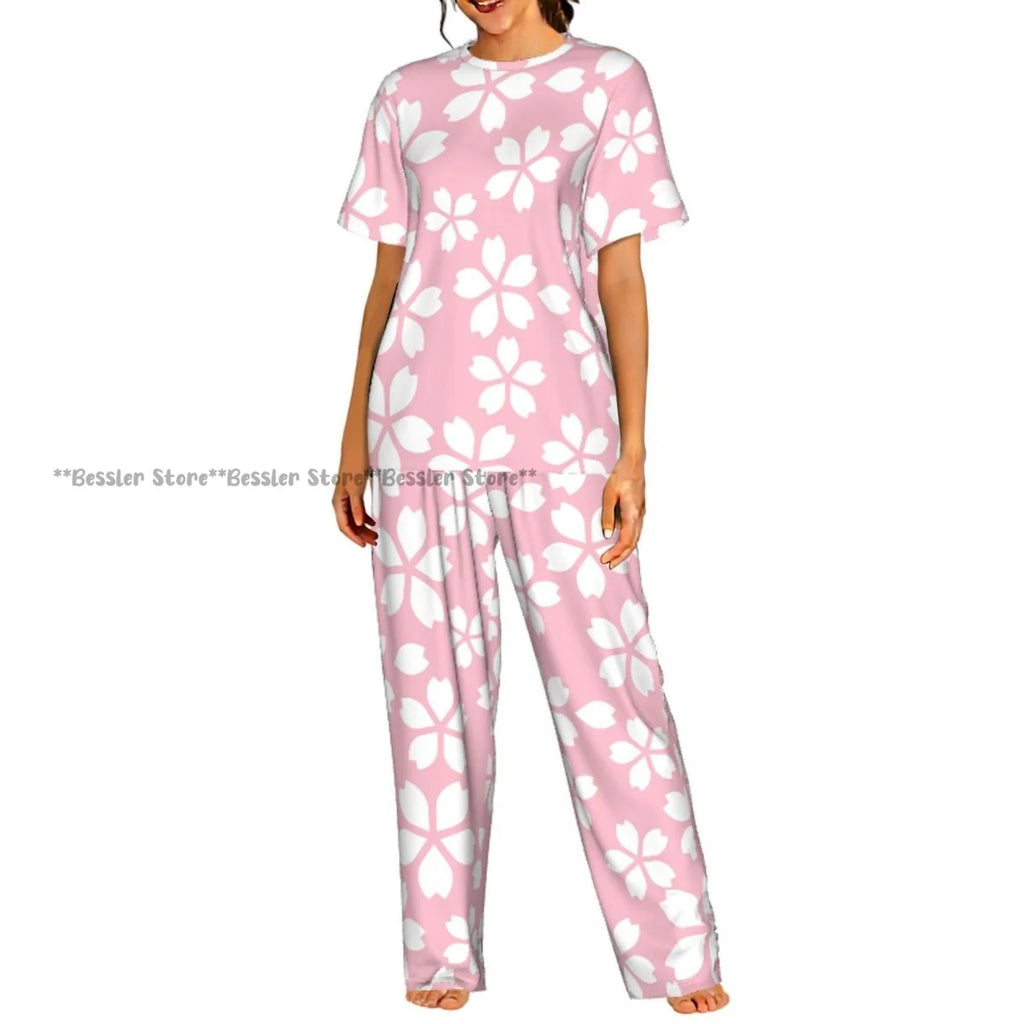 Women's 2-piece set Cherry Spring Flower Pajamas Short sleeved Top and Pants Sleepwear