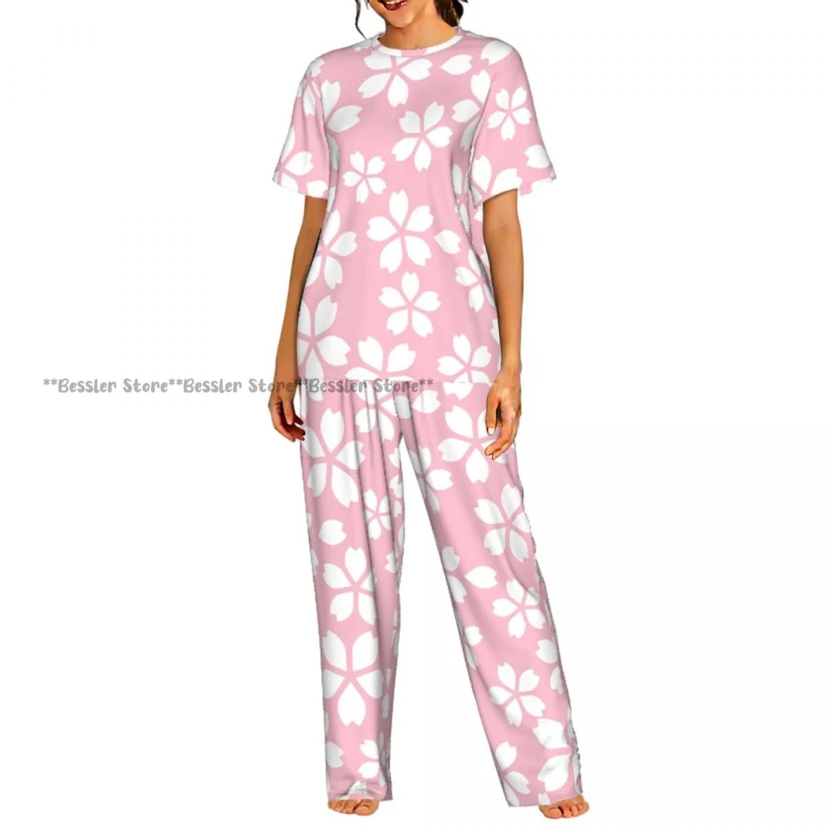 Women's 2-piece set Cherry Spring Flower Pajamas Short sleeved Top and Pants Sleepwear