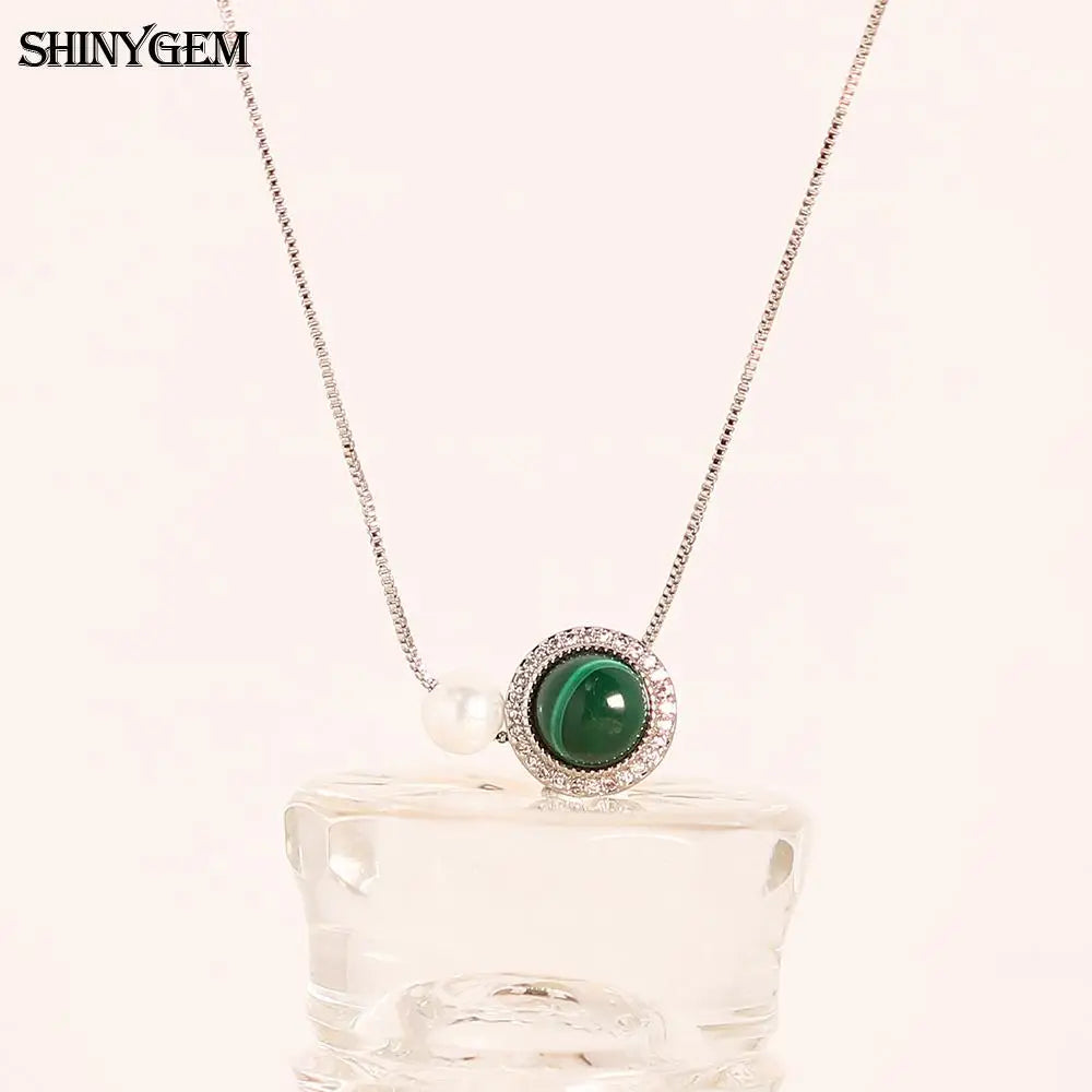 ShinyGem Woman 12 mm Natural Malachite & Pearl Pendant Zircon Accented Green Crystal Gemstone Jewelry Platinum Plated Necklace