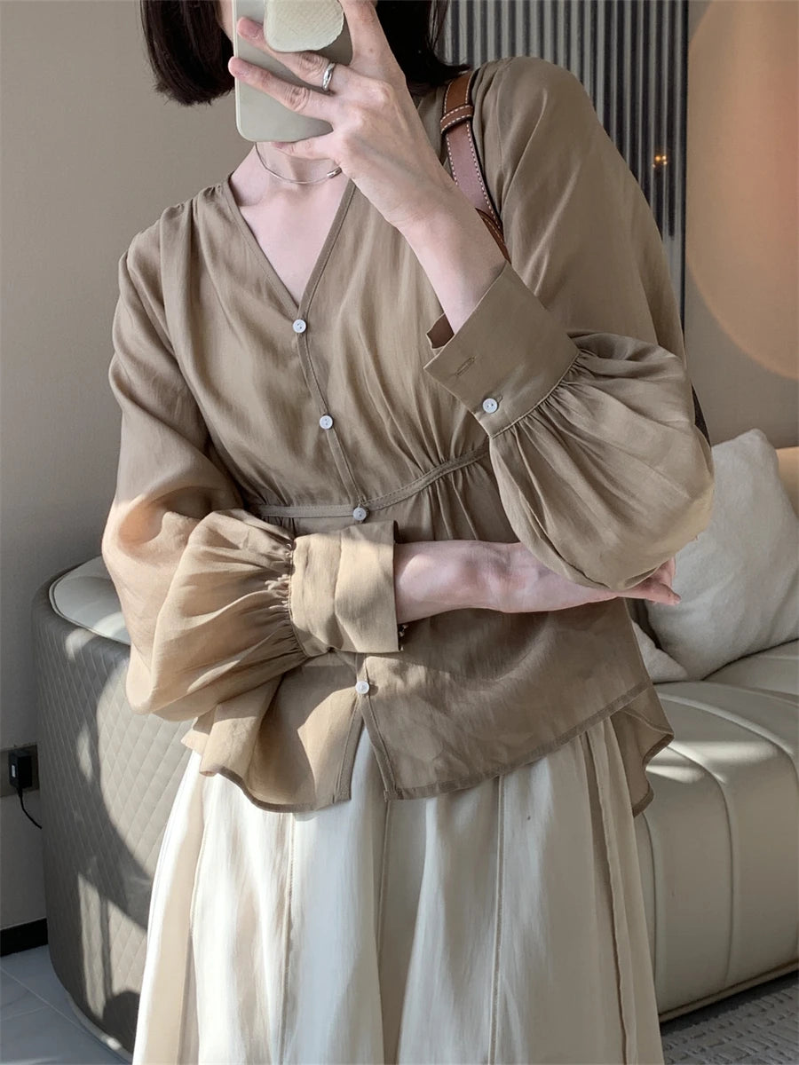 Summer Rayon New Female V-Neck Shirts Lantern Sleeves Loose Fit Versatile Office Lady Temperament Cozy Streetwear Coats Blouses