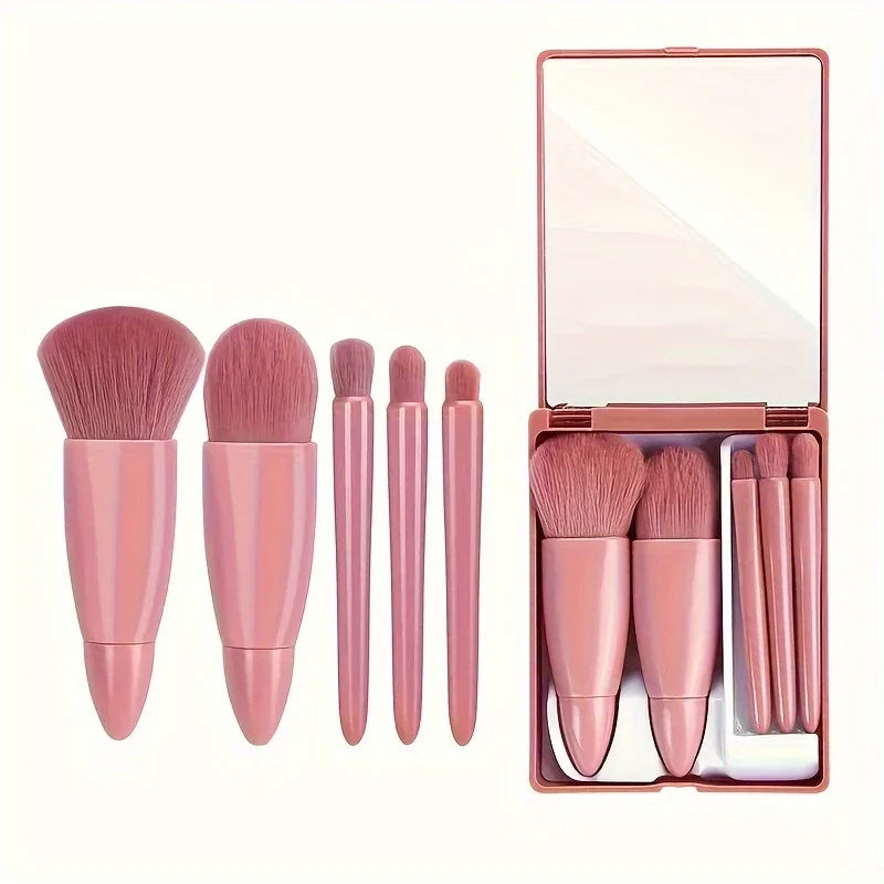 5 PCs Cosmetic Brush Portable Makeup Brush Travel With Mirror Box Makeup Set Brush Loose Brush Blush Brush Eyeshadow Brush