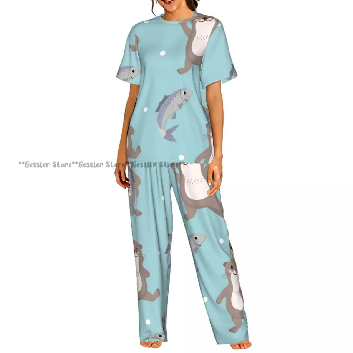 Women's Colorful Fish Pattern short sleeve trousers casual pajamas set