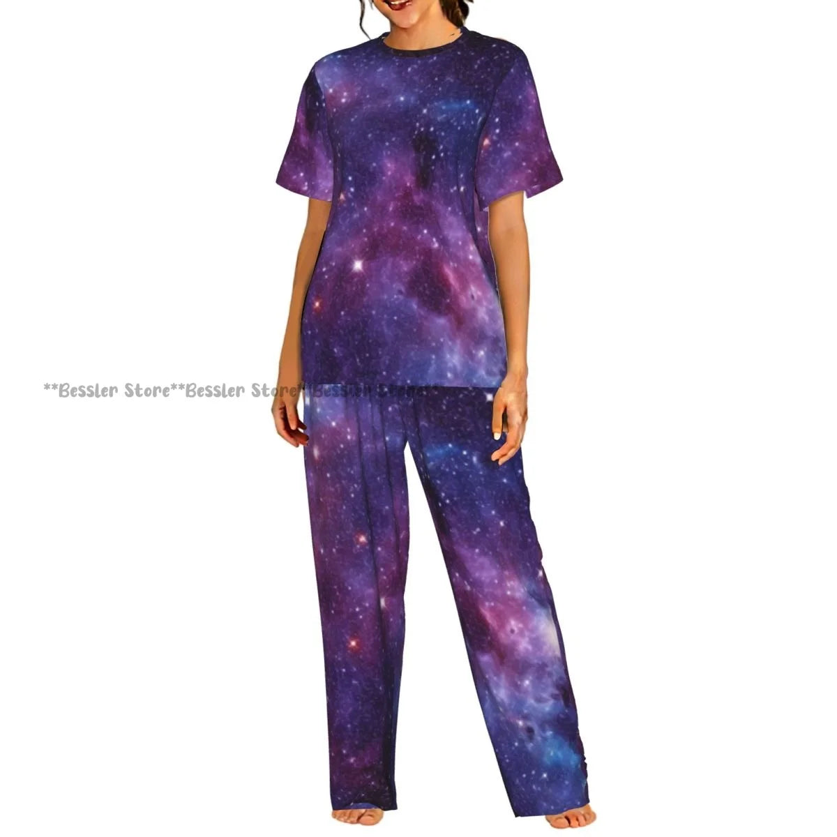 Women's 2-piece set Gold Stars And Planets Pajamas Short sleeved Top and Pants Sleepwear