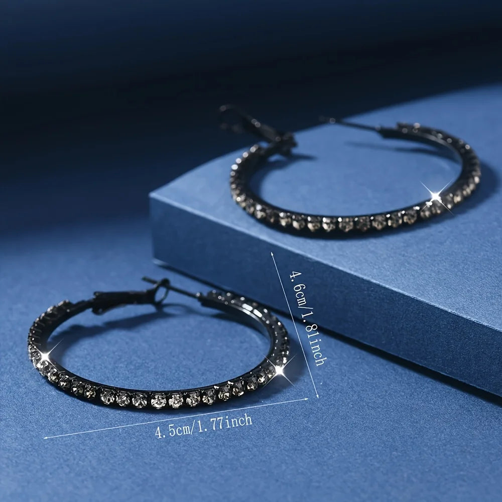 Elegant Sparkling Black Hoop Earrings with Clear Gemstones for Women Stylish Round Design Perfect Jewelry Gift Novelty Earrings
