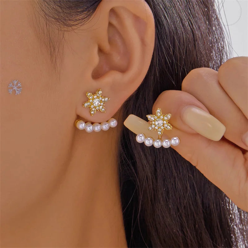 Christmas Rhinestone Snowflake Drop Earrings for Women Fashion Imitation Pearl Stud Earring Girls New Year Party Jewelry Gifts