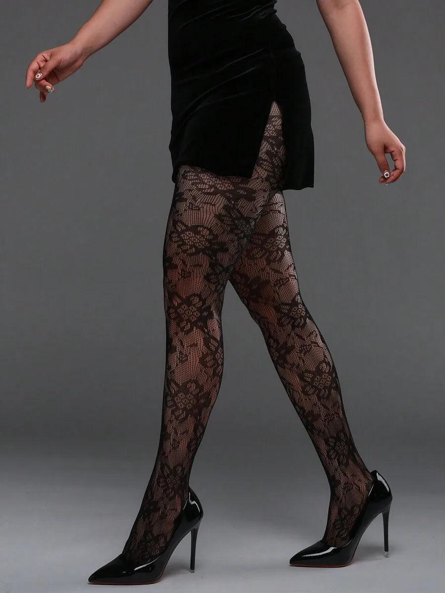 1pc Vertical Striped High Elasticity Fishnet Leggings, Sexy Tight Stockings Gothic Punk Fashion