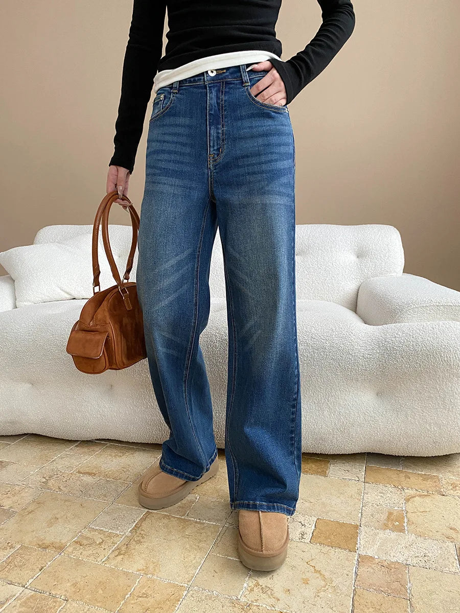 Early autumn new retro polished white washed distressed high waisted straight leg wide leg jeans look slim