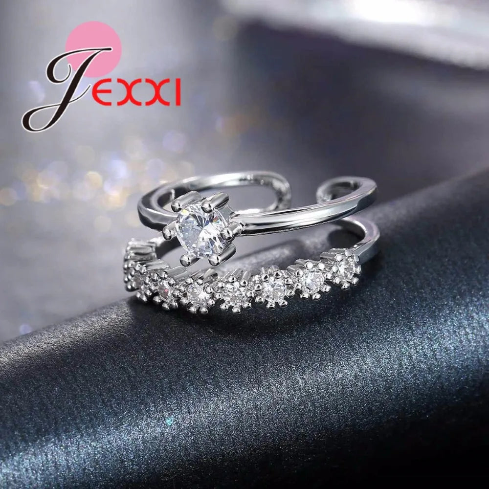 Shiny 925 Sterling Silver Six Claws Double Layer Cubic Zircon Open Adjustable Rings For Women Wedding Party Fashion Jewelry Gift