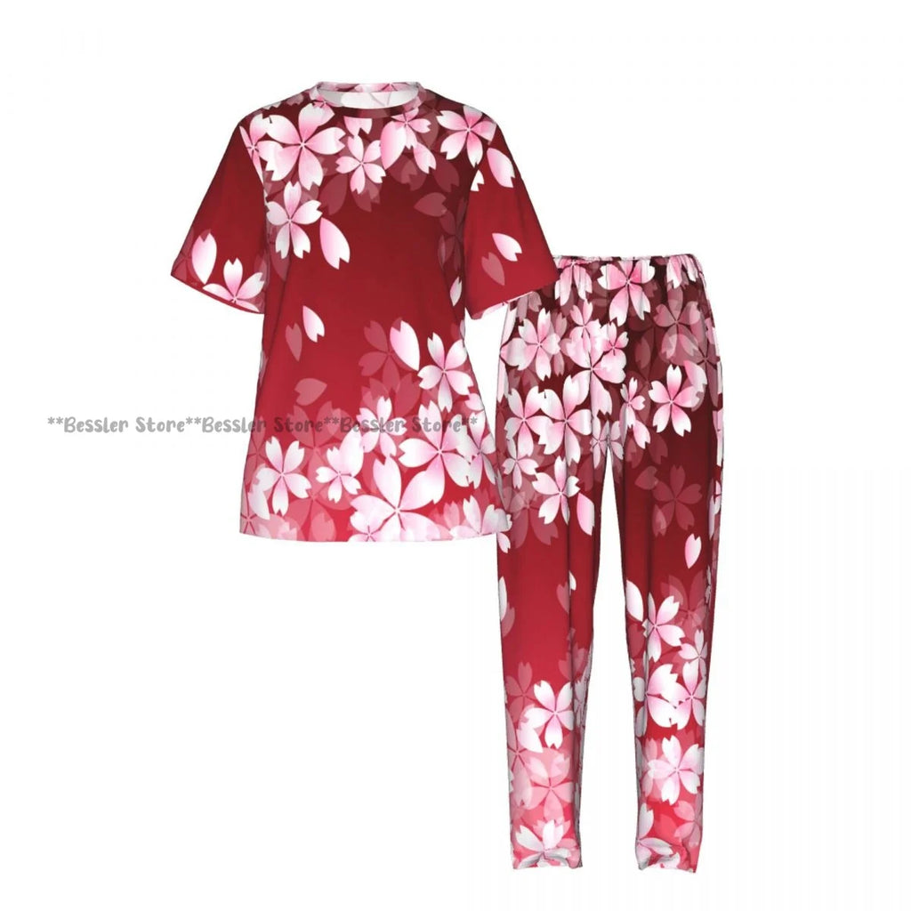 Women's 2-piece set Cherry Spring Flower Pajamas Short sleeved Top and Pants Sleepwear