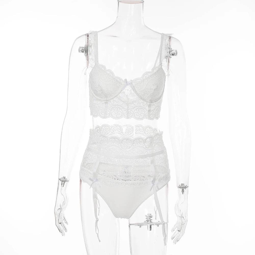 Lingerie Set With Garter High Quality White Elegant Lace Sweet Girls Lingerie Set Sexy Hot White Color Underwear