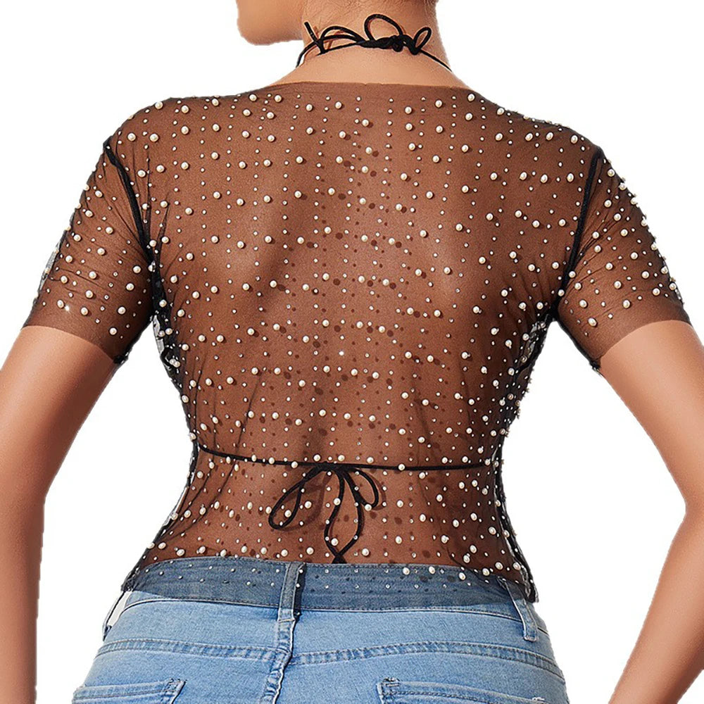 Glam Sheer Mesh Long Sleeve Top with Pearls Neck Sexy Clubwear for Women Summer T-shirt Blouse Mesh Sheer Camisole Top Female