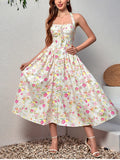 NewAsia Women's Halter Backless Print Floral Midi Corset Dress Spaghetti Straps Tie Up Fashion Casual Holiday Long Dresses Pink