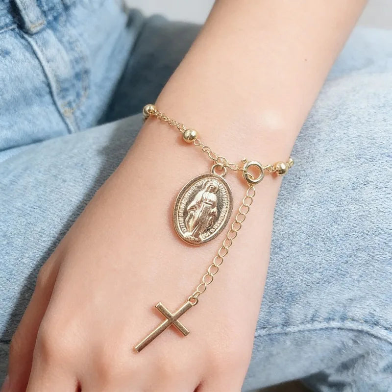 Adjustable Beaded Bracelet Virgin Mary Cross European Style Minimalist Charm Jewelry Women