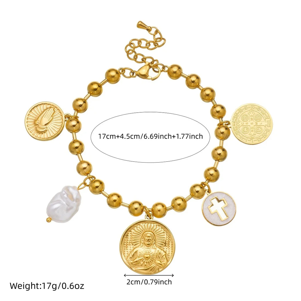 DIEYURO 316L Stainless Steel Retro Portrait Cross Palm Pearl Pendant Beads Necklace Bracelet Set Lady Fashion Waterproof Jewelry