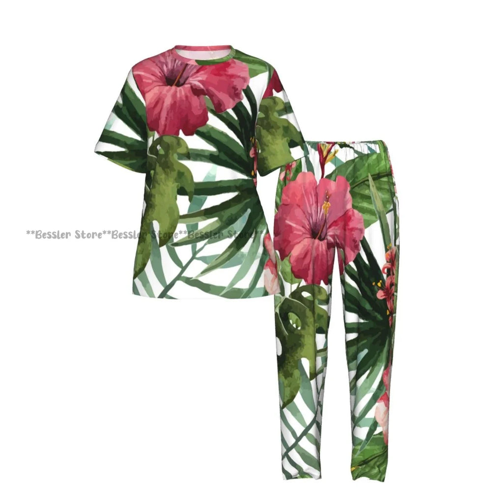 Women's Pajamas Set Tropical Flowers Short Sleeve Sleepwear 2 Piece Homewear Loungewear