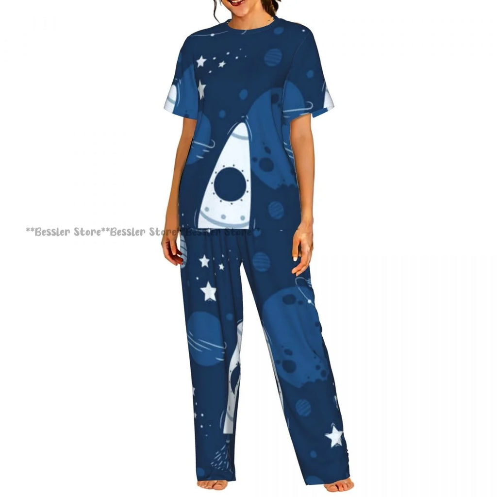 Women's 2-piece set Gold Stars And Planets Pajamas Short sleeved Top and Pants Sleepwear