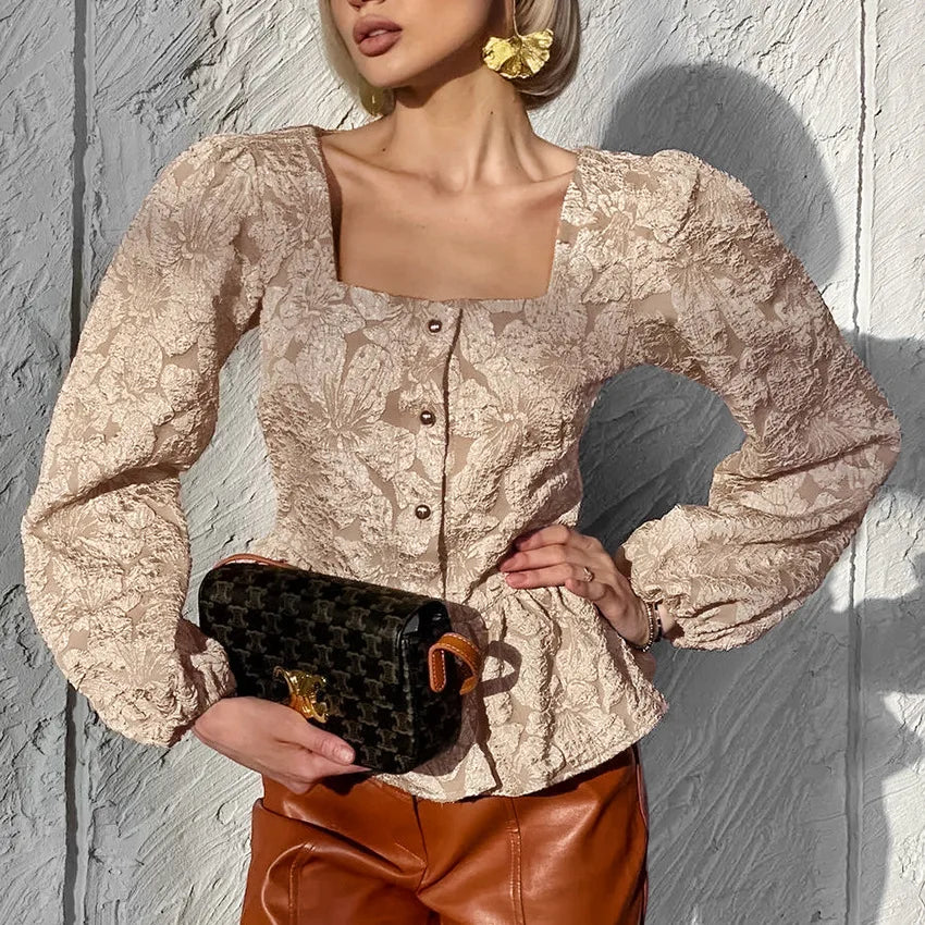 Ladies Elegant Jacquard Square Neck Puff Sleeve Blouse, Button Front Peplum Top for Party, Office and Daily Wear