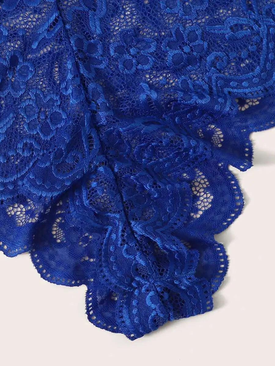 Royal Blue Floral Lace V-Neck Bodysuit with Criss-Cross Straps and Ruffle Hem