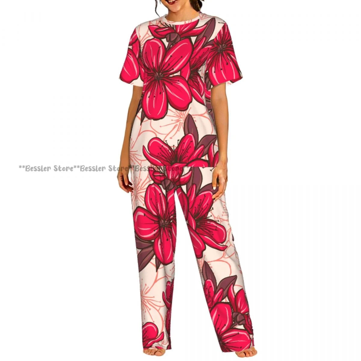 Women's 2-piece set Cherry Spring Flower Pajamas Short sleeved Top and Pants Sleepwear