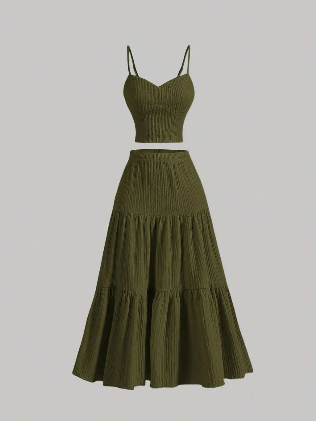 Women Summer Casual Solid Ribbed Camisole Top And Ruffle Hem A-Line Skirt Set