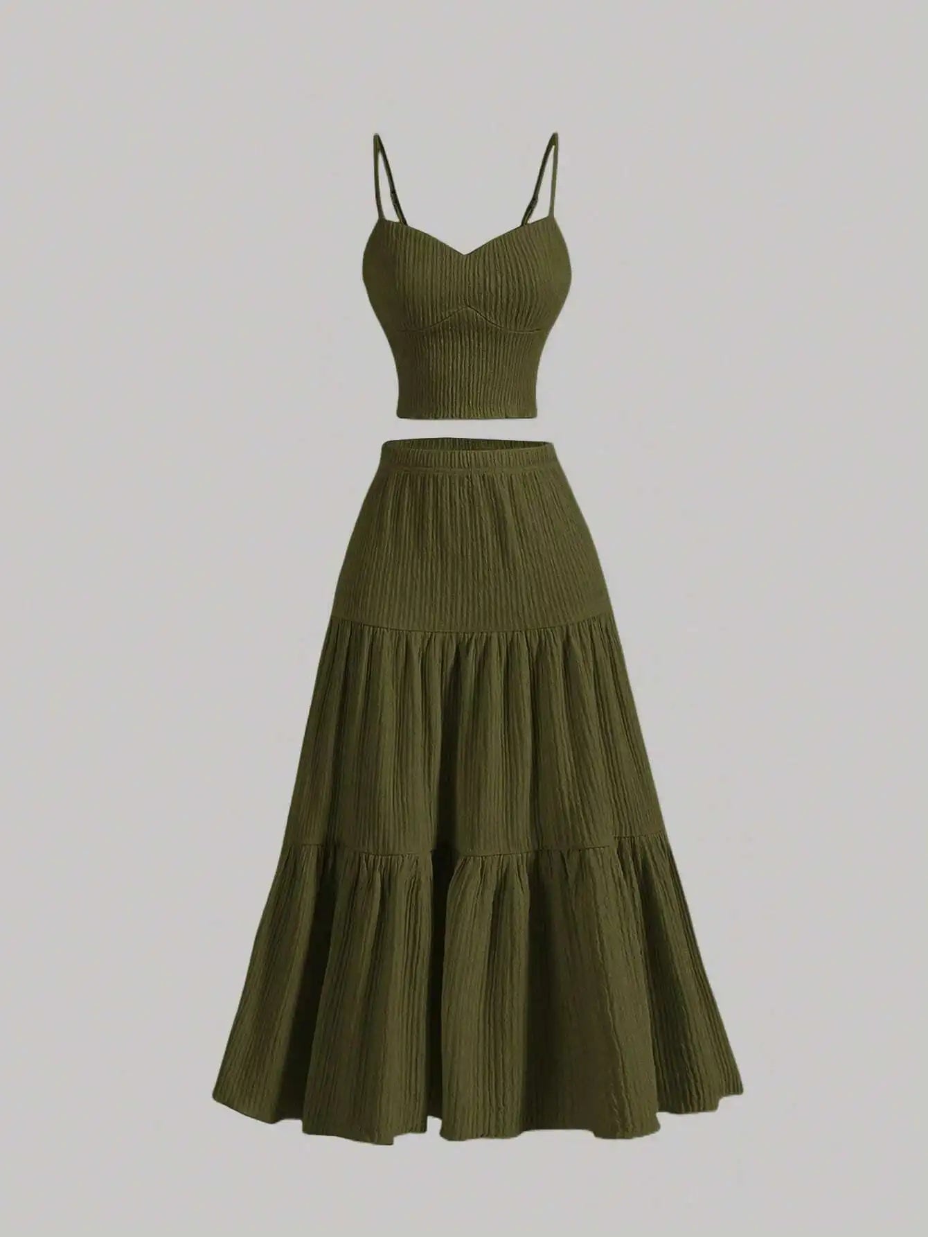 Women Summer Casual Solid Ribbed Camisole Top And Ruffle Hem A-Line Skirt Set