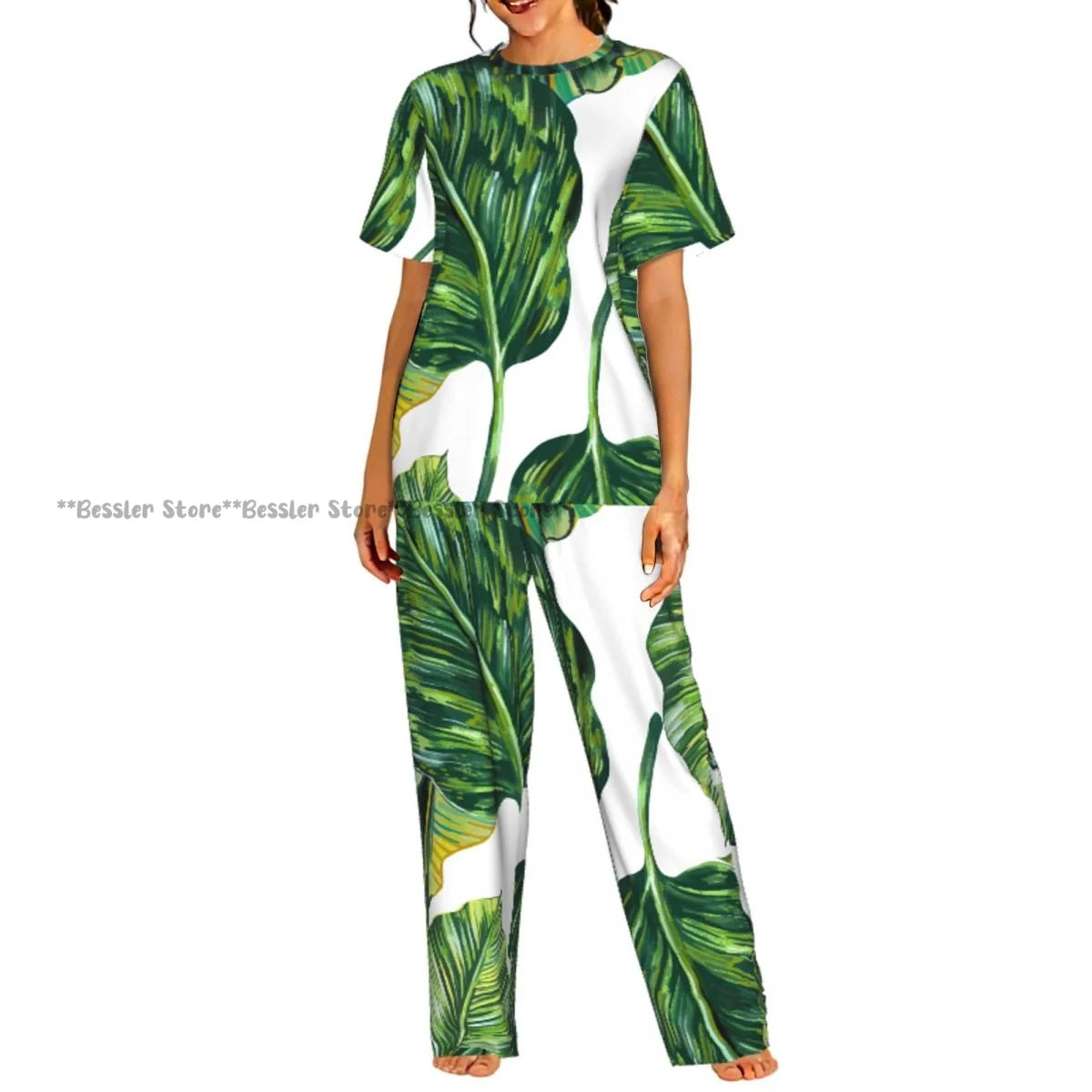 Women's Pajamas Set Tropical Flowers Short Sleeve Sleepwear 2 Piece Homewear Loungewear