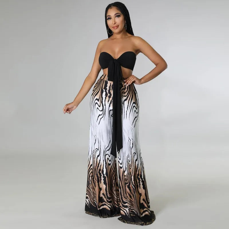 S5XL Large Size Chest Printed Wide Leg Pants Two-Piece Set Women's Fashionable Polyester Suit Summer  Student Uniform