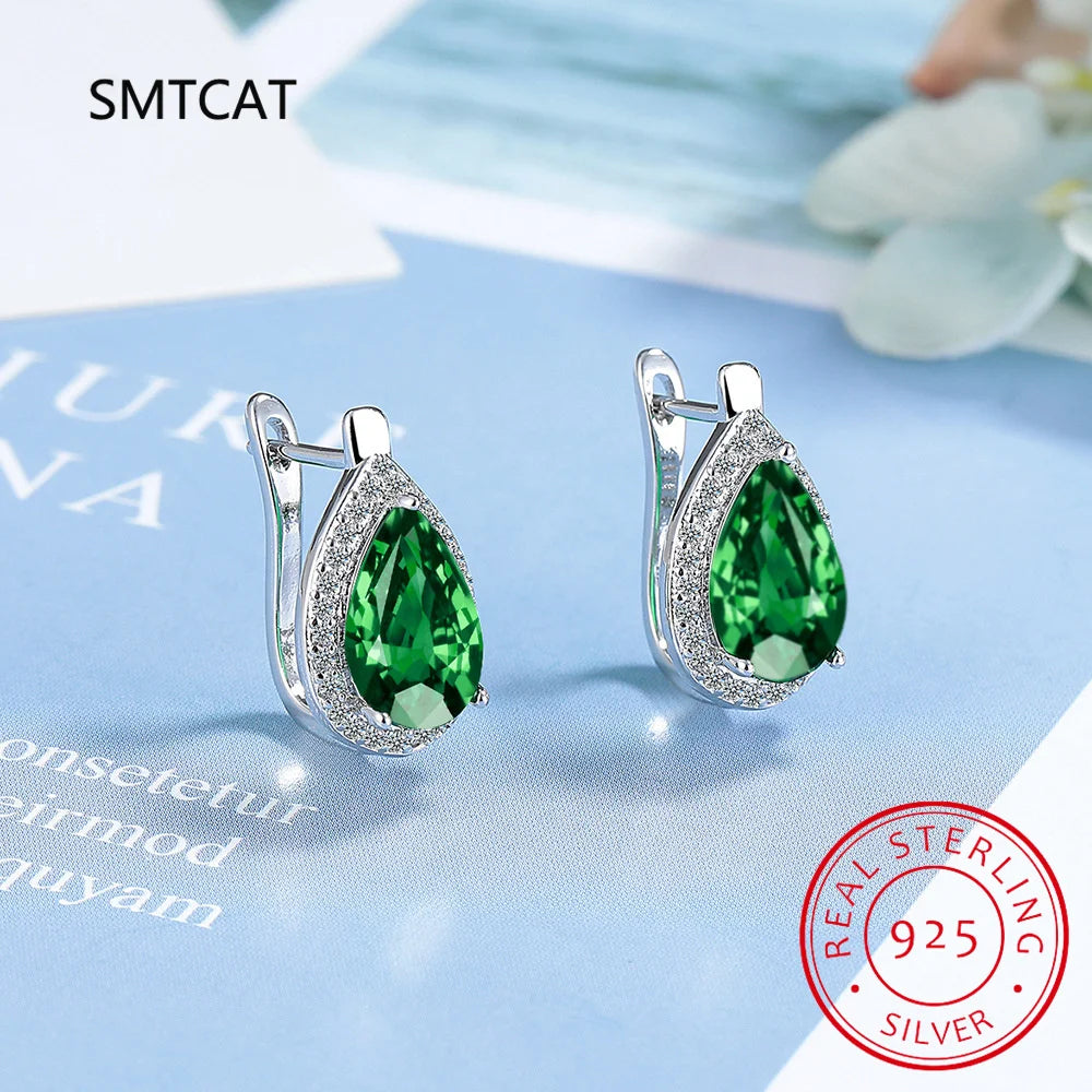 Pear Shape Total 5.35ct Nano Emerald Created Ruby Hoop Earrings 925 Sterling Silver for Women Daily Wedding Party Jewelry