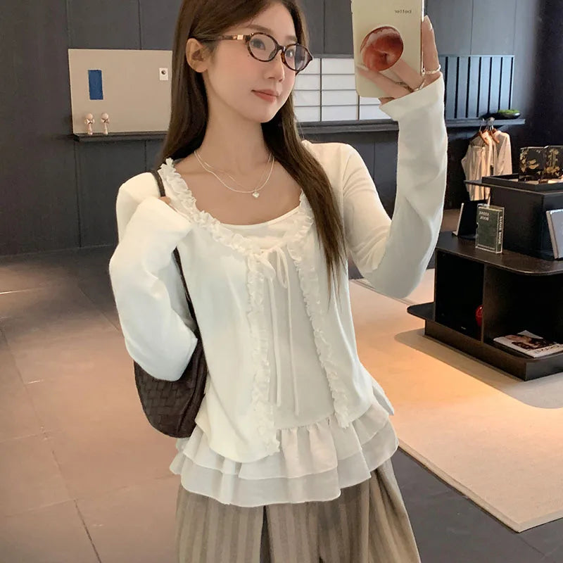 Women Long Sleeved T-shirt Fake Two Piece Lace Splicing Skirt Edge Design Slim Solid Color Simple Daily Casual Versatile Top