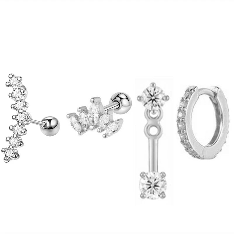 4PCS Stainless Steel Circle Huggie Hoop Earrings Set for Women Gold Color Unique Zircon Flower Stud Earring Piercing Jewelry