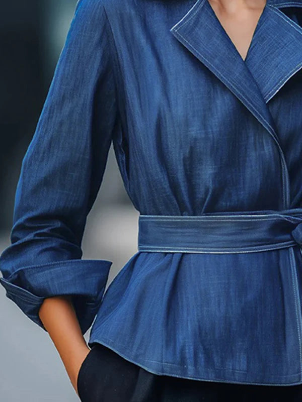 Fall Spring 2026 Fashion Denim Jean Jacket Woman Long Sleeves Vintage Blue Autumn Casual Outerwear with Belt for Female