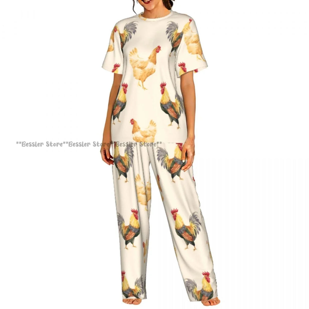 Women's Comfort Pajamas Women's Hand Drawn Rooster Hens And Chickens Short Sleeve Set Sleepwear