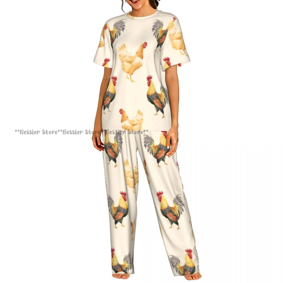 Women's Comfort Pajamas Women's Hand Drawn Rooster Hens And Chickens Short Sleeve Set Sleepwear