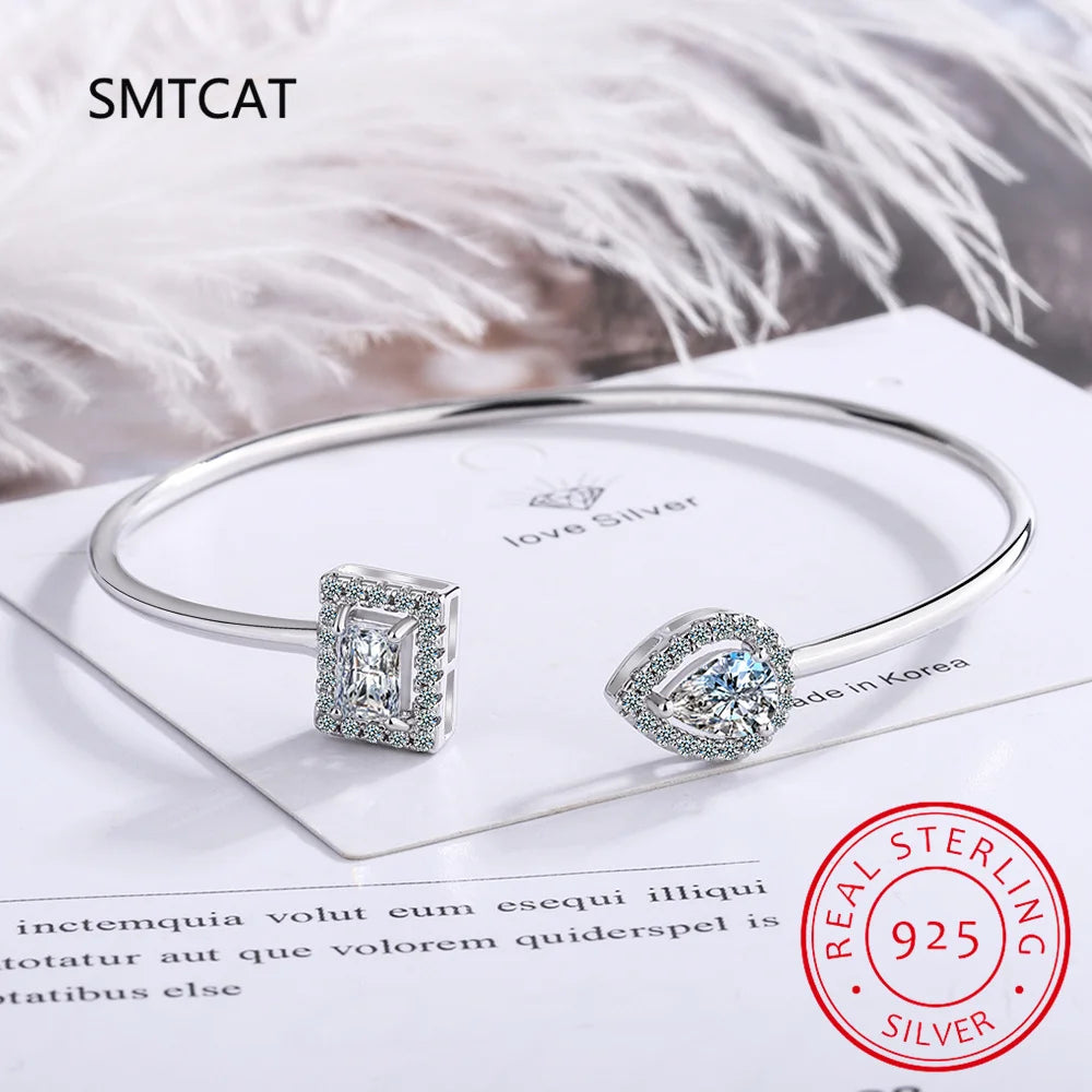 Radiant Cut Moissanite Diamond Water Drop Bangle for Women Wedding Bracelet 925 Sterling Silver Adjustable Open Bangle Jewelry