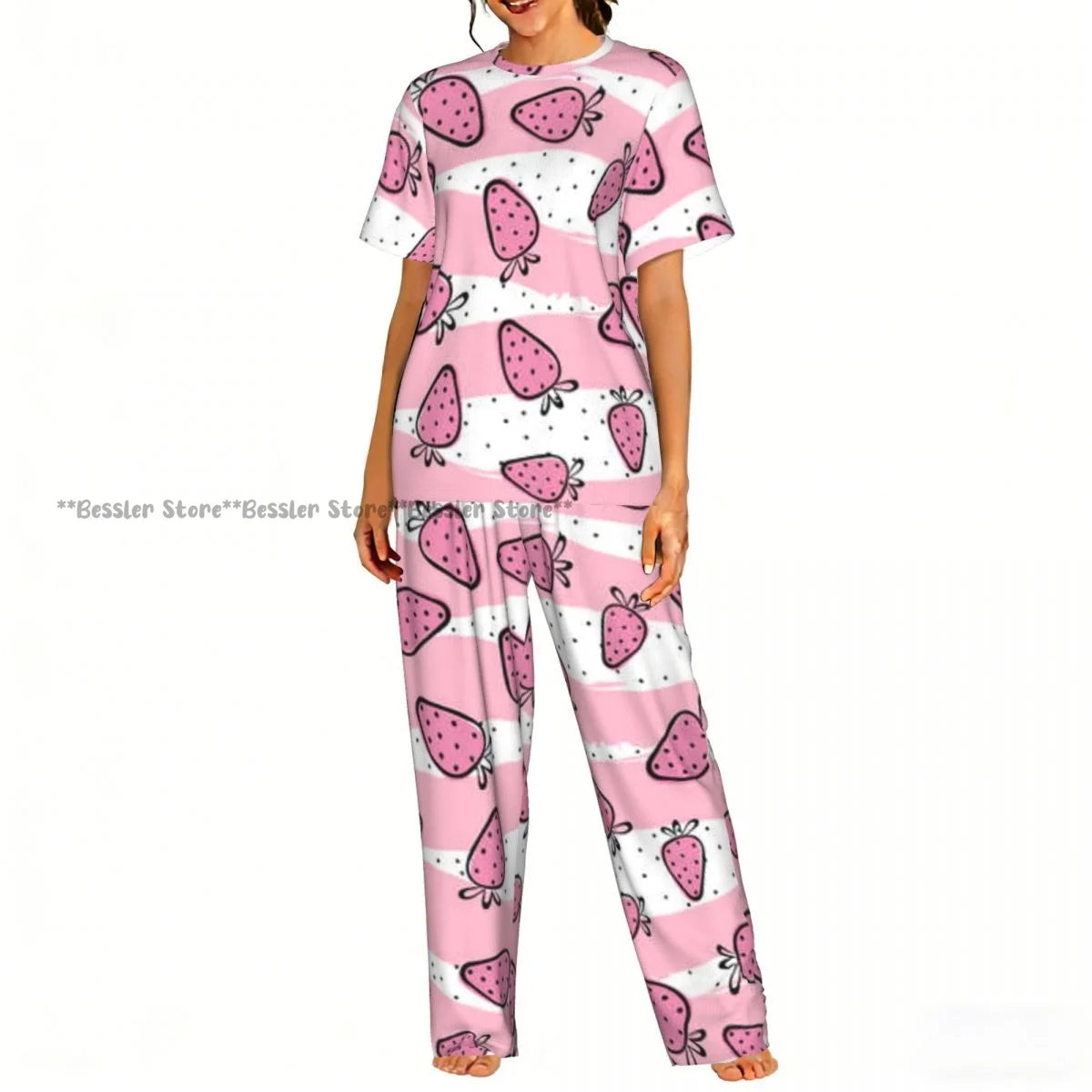 Women's Pajamas Set Strawberry Illustration Short Sleeve Sleepwear 2 Piece Homewear Loungewear