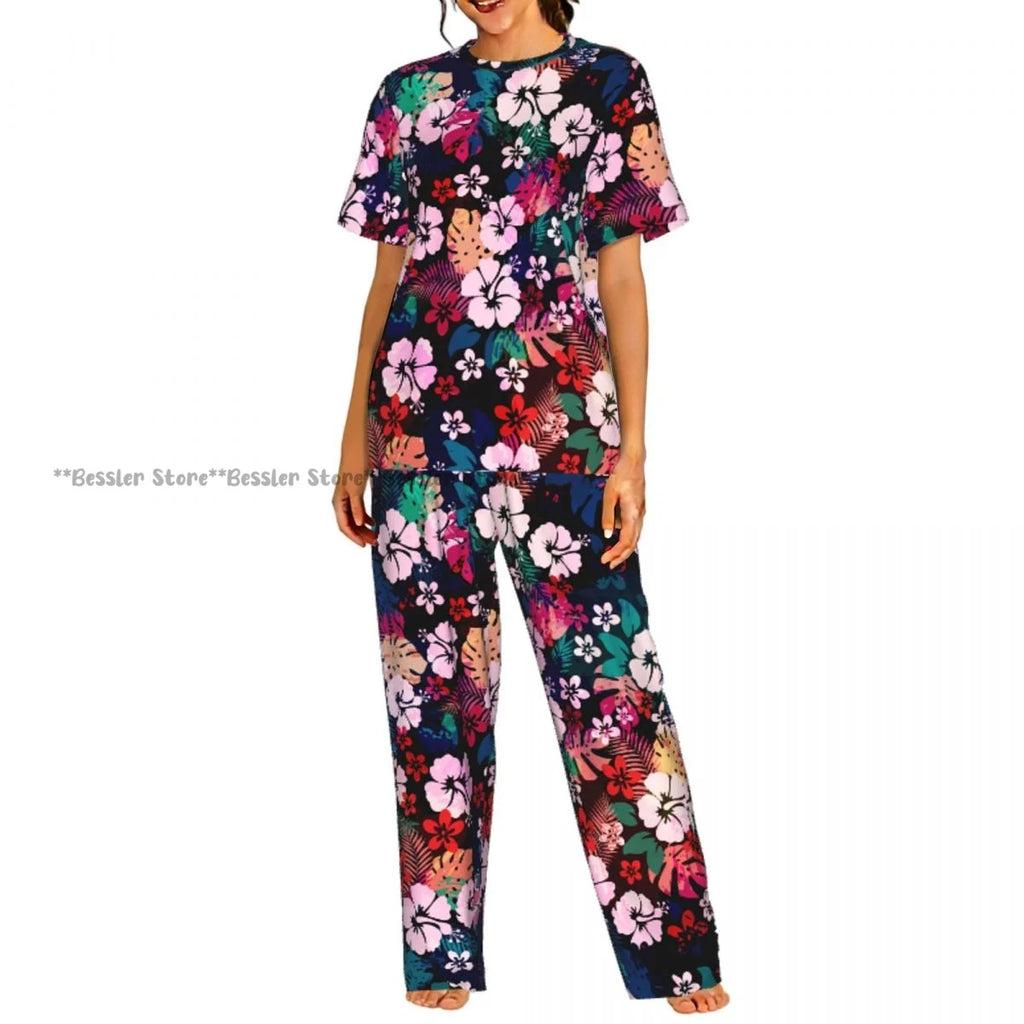 Women's Pajamas Set Tropical Flowers Short Sleeve Sleepwear 2 Piece Homewear Loungewear