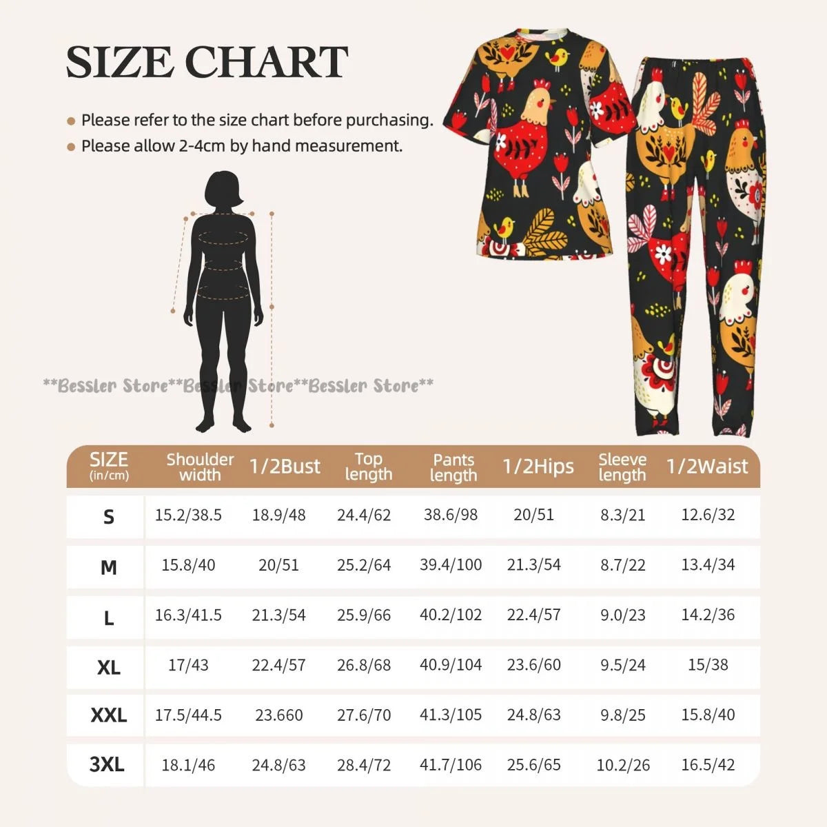 Women's Comfort Pajamas Women's Rooster Hens And Chickens Background Short Sleeve Set Sleepwear