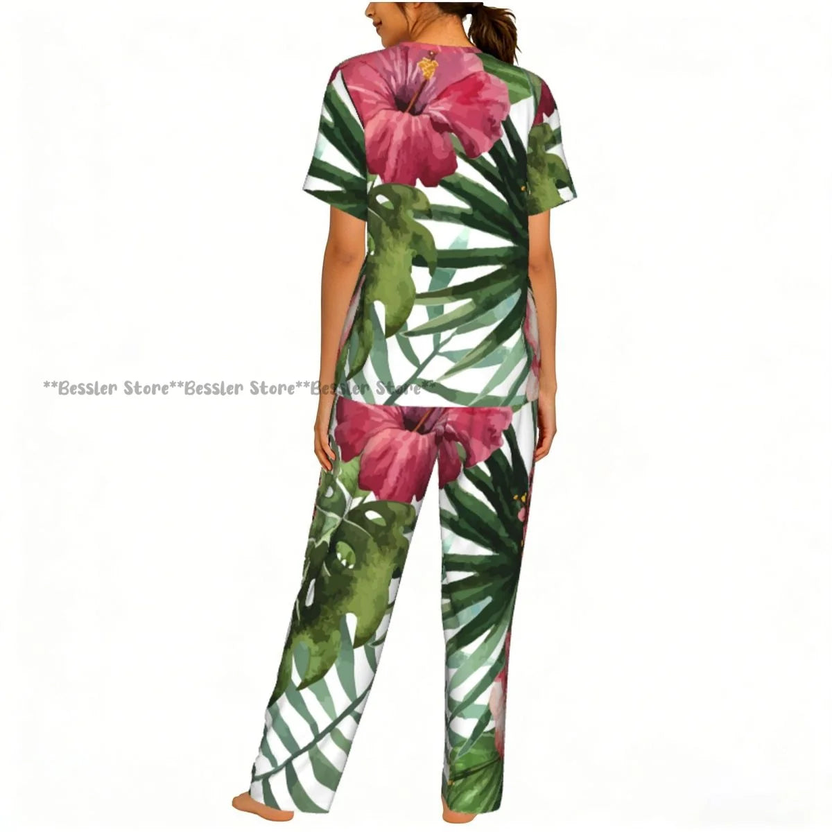 Women's Pajamas Set Tropical Flowers Short Sleeve Sleepwear 2 Piece Homewear Loungewear