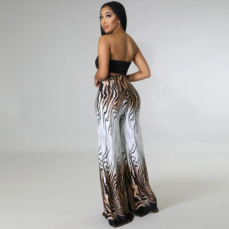 S5XL Large Size Chest Printed Wide Leg Pants Two-Piece Set Women's Fashionable Polyester Suit Summer  Student Uniform